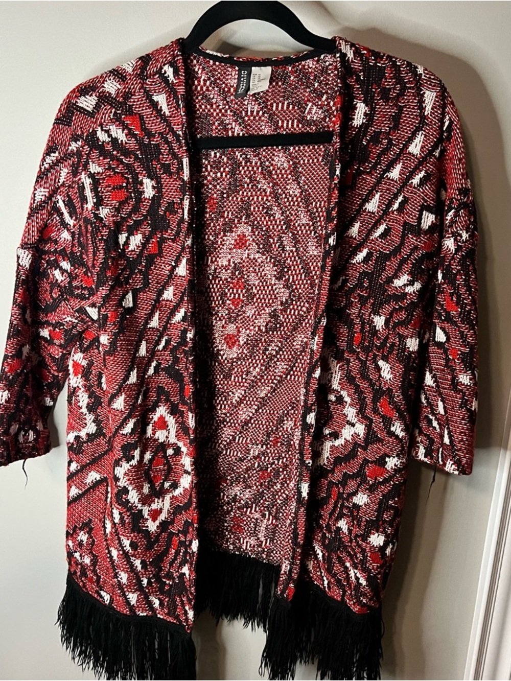 Divided Red, Black & White Fringe Open-Front Cardigan